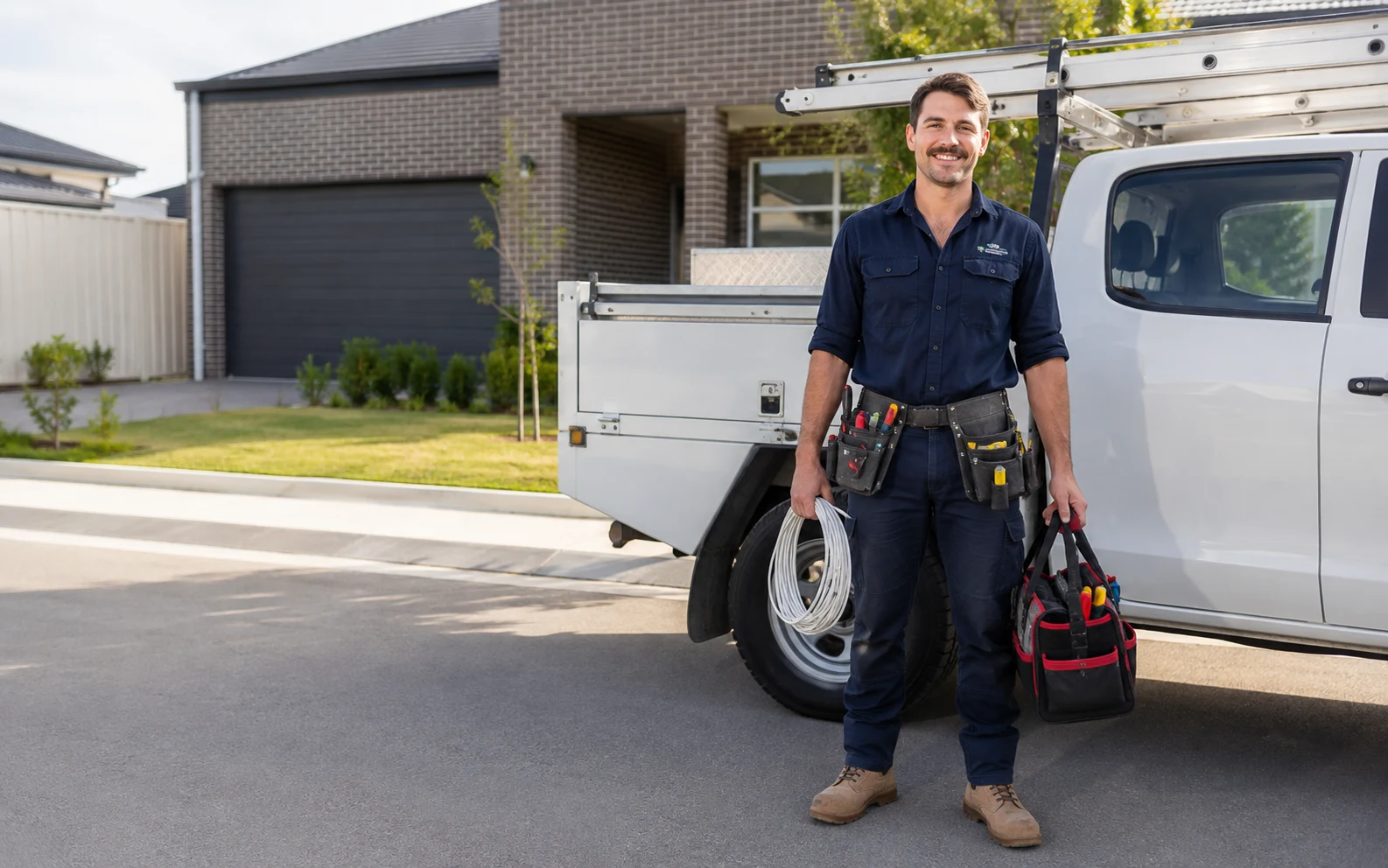 Friendly electrician standing outside a modern Western Sydney home with a service vehicle