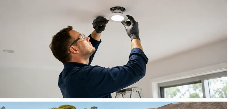Electrician installing a modern ceiling downlight in a home