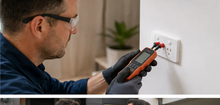 Electrician using a tester at a residential power point