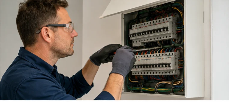 Electrician safely inspecting a residential switchboard